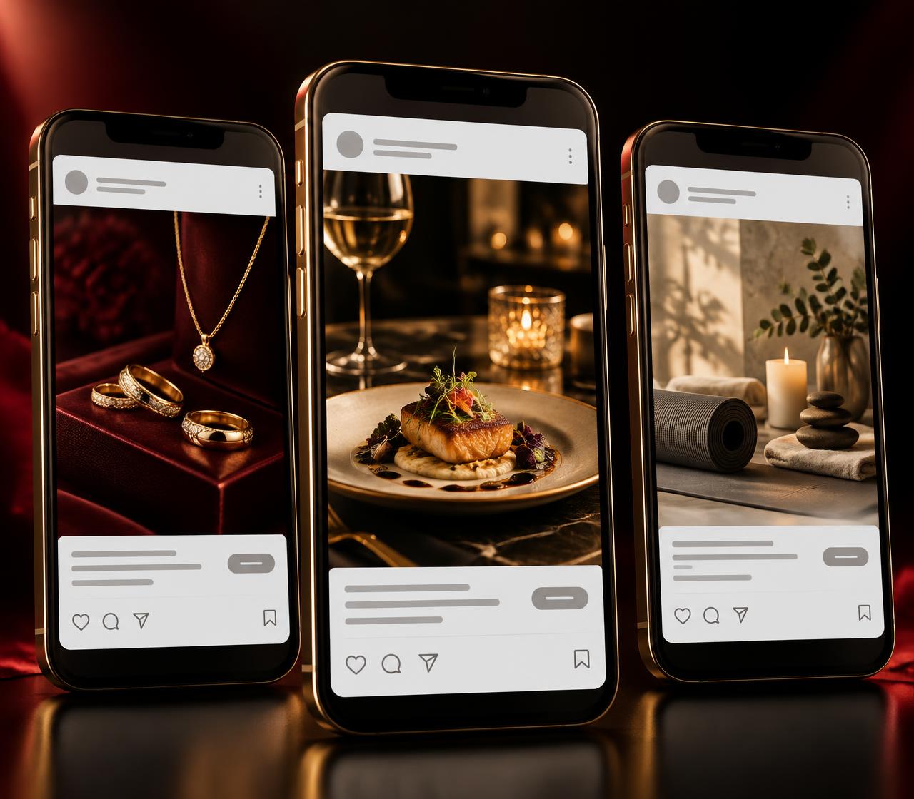 Three smartphones showing illustrative social media ads for a jewelry boutique, a restaurant, and a wellness business